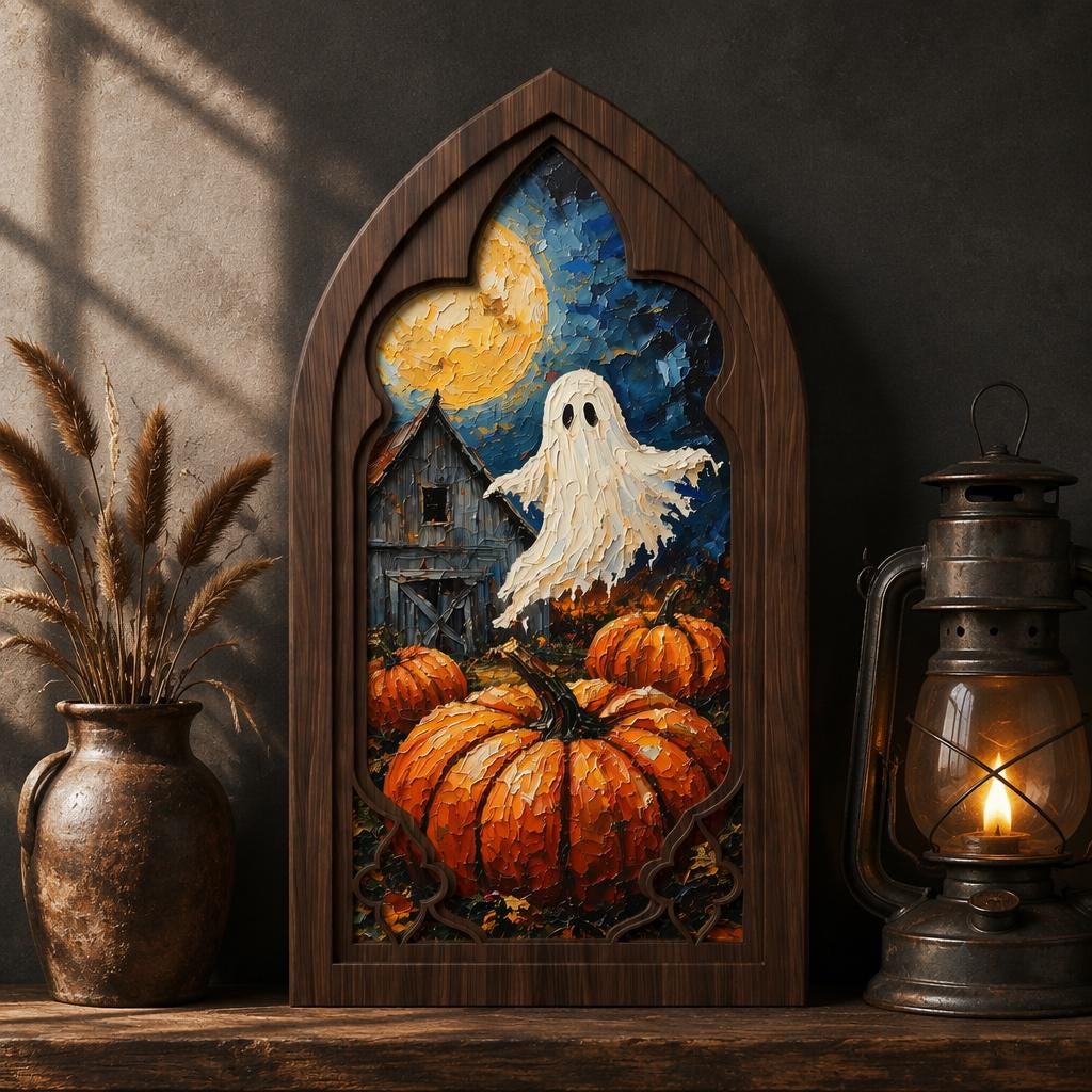 Halloween Ghost Wall Art, Arched Window Wood Frame, Moonlit Pumpkin Patch Canvas, Haunted Farmhouse Decor, Spooky Fall Home Gift - Image 1