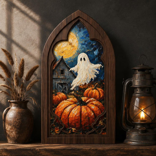 Halloween Ghost Wall Art, Arched Window Wood Frame, Moonlit Pumpkin Patch Canvas, Haunted Farmhouse Decor, Spooky Fall Home Gift - Image 1