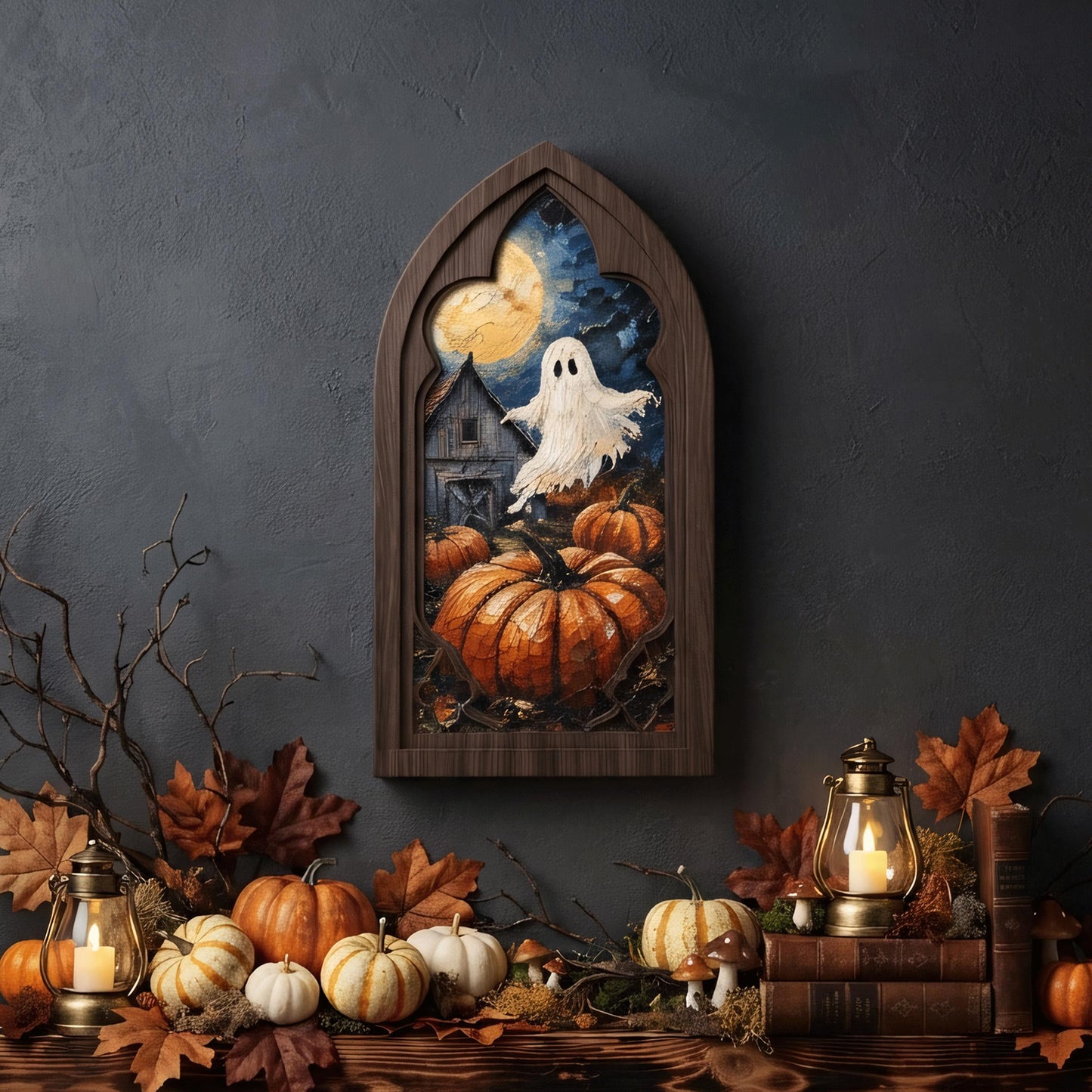 Halloween Ghost Wall Art, Arched Window Wood Frame, Moonlit Pumpkin Patch Canvas, Haunted Farmhouse Decor, Spooky Fall Home Gift - Image 5