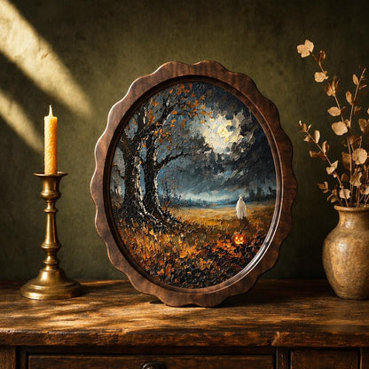 Halloween Moonlit Landscape Wall Art, Wavy Oval Wood Frame, Ghost & Pumpkin Night Painting, Moody Fall Decor, Gothic Cottagecore Gift - Image 1