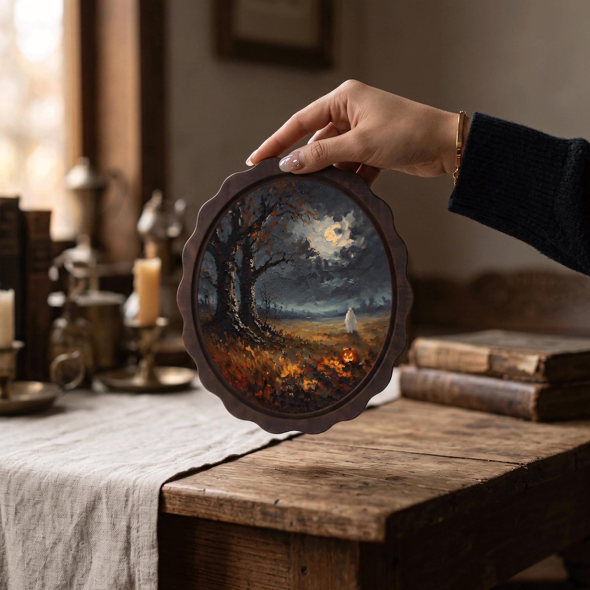 Halloween Moonlit Landscape Wall Art, Wavy Oval Wood Frame, Ghost & Pumpkin Night Painting, Moody Fall Decor, Gothic Cottagecore Gift - Image 3