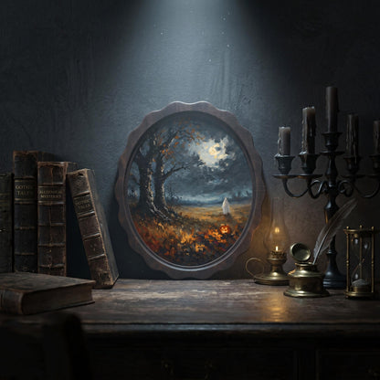 Halloween Moonlit Landscape Wall Art, Wavy Oval Wood Frame, Ghost & Pumpkin Night Painting, Moody Fall Decor, Gothic Cottagecore Gift - Image 6