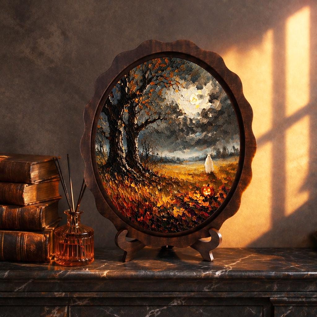 Halloween Moonlit Landscape Wall Art, Wavy Oval Wood Frame, Ghost & Pumpkin Night Painting, Moody Fall Decor, Gothic Cottagecore Gift - Image 2