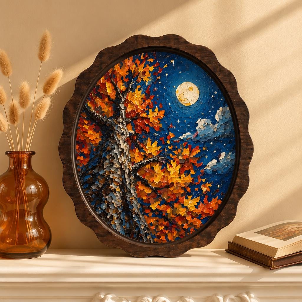 Autumn Moon Wall Art, Wavy Oval Wood Frame, Colorful Fall Tree Landscape Canvas, Rustic Nature Decor, Cozy Cottage Home Gift - Image 1