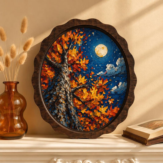 Autumn Moon Wall Art, Wavy Oval Wood Frame, Colorful Fall Tree Landscape Canvas, Rustic Nature Decor, Cozy Cottage Home Gift - Image 1