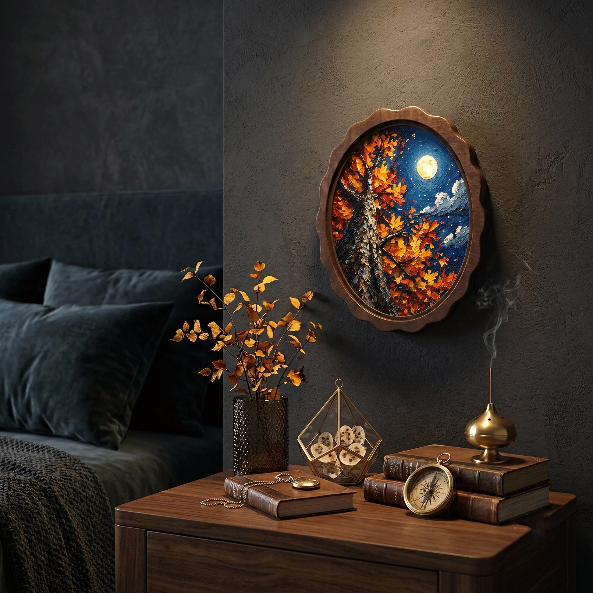 Autumn Moon Wall Art, Wavy Oval Wood Frame, Colorful Fall Tree Landscape Canvas, Rustic Nature Decor, Cozy Cottage Home Gift - Image 4