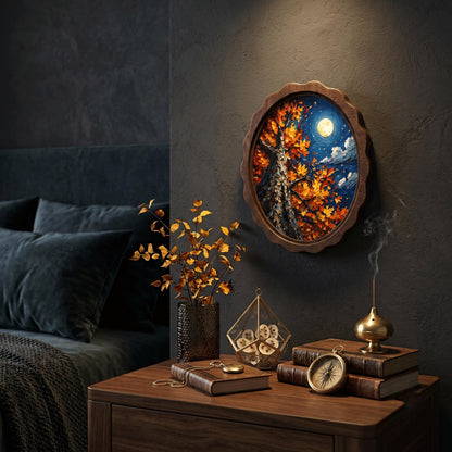 Autumn Moon Wall Art, Wavy Oval Wood Frame, Colorful Fall Tree Landscape Canvas, Rustic Nature Decor, Cozy Cottage Home Gift - Image 4