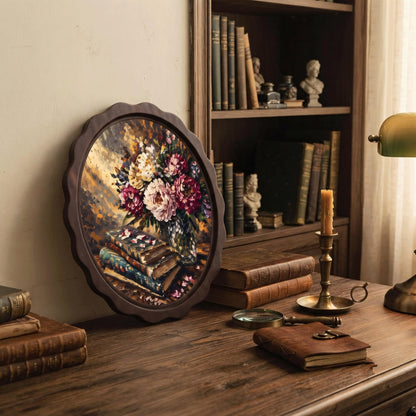 Floral Book Wall Art, Wavy Oval Wood Frame, Vintage Books & Peony Bouquet Canvas, Cottagecore Botanical Decor, Book Lover Gift - Image 6