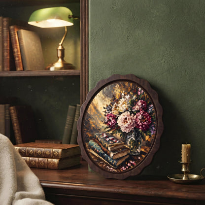 Floral Book Wall Art, Wavy Oval Wood Frame, Vintage Books & Peony Bouquet Canvas, Cottagecore Botanical Decor, Book Lover Gift - Image 4