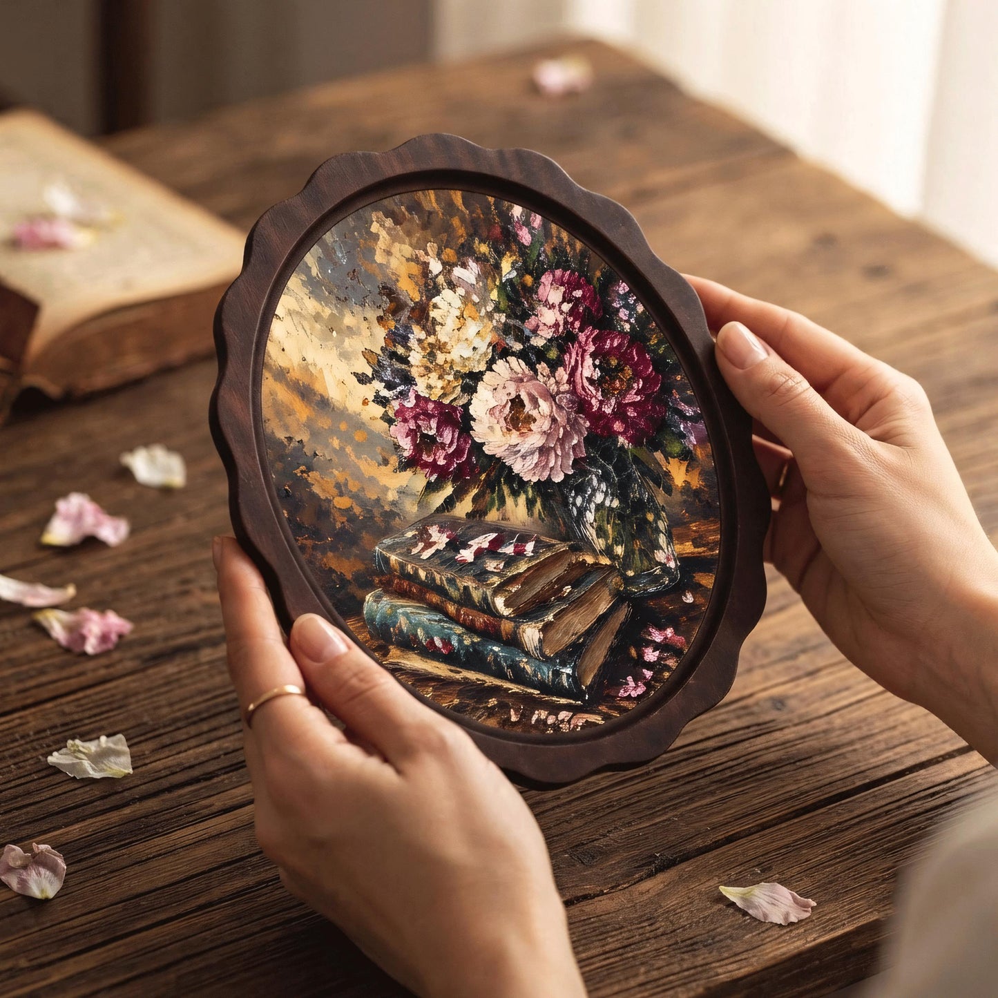 Floral Book Wall Art, Wavy Oval Wood Frame, Vintage Books & Peony Bouquet Canvas, Cottagecore Botanical Decor, Book Lover Gift - Image 3