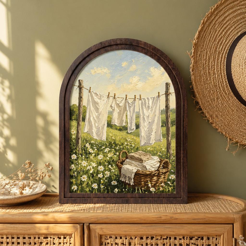 Rustic Laundry Room Wall Art in Arched Wood Frame, Cottage Clothesline Landscape Painting, Farmhouse Decor, Vintage Country Home Gift - Image 2