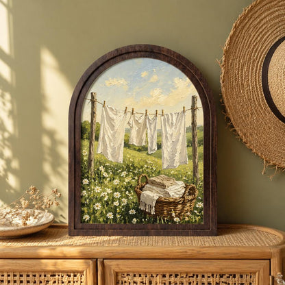 Rustic Laundry Room Wall Art in Arched Wood Frame, Cottage Clothesline Landscape Painting, Farmhouse Decor, Vintage Country Home Gift - Image 2