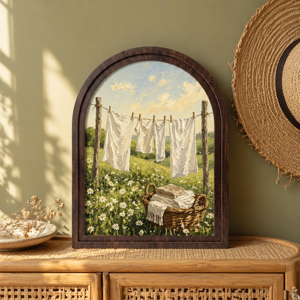 Rustic Laundry Room Wall Art in Arched Wood Frame, Cottage Clothesline Landscape Painting, Farmhouse Decor, Vintage Country Home Gift - Image 1