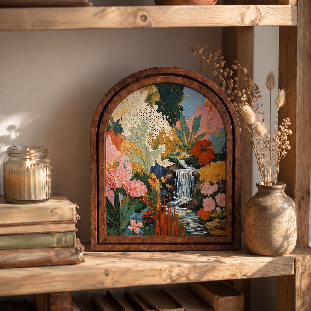 Enchanting Floral Oasis Wall Art, Lush Garden Waterfall Painting in Arched Wood Frame, Romantic Cottagecore Decor, Nature Lover Gift - Image 5
