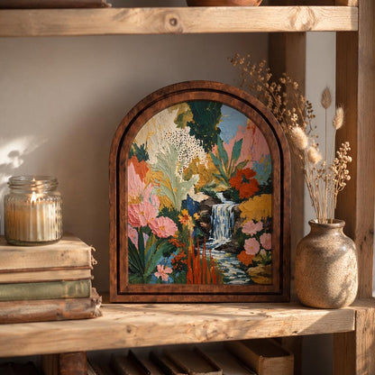 Enchanting Floral Oasis Wall Art, Lush Garden Waterfall Painting in Arched Wood Frame, Romantic Cottagecore Decor, Nature Lover Gift - Image 5
