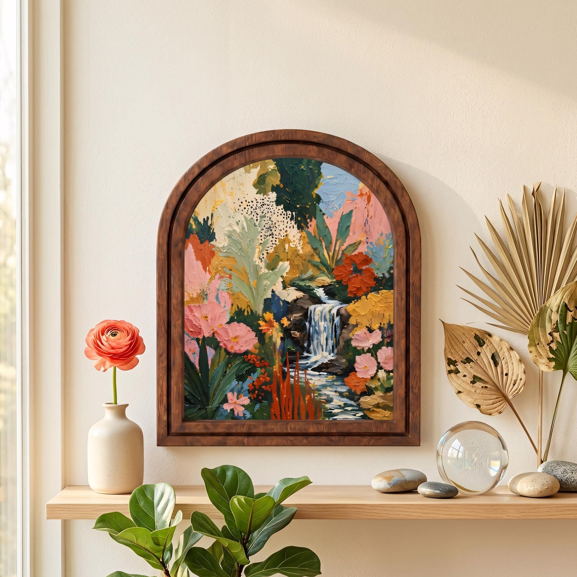 Enchanting Floral Oasis Wall Art, Lush Garden Waterfall Painting in Arched Wood Frame, Romantic Cottagecore Decor, Nature Lover Gift - Image 3