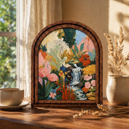Enchanting Floral Oasis Wall Art, Lush Garden Waterfall Painting in Arched Wood Frame, Romantic Cottagecore Decor, Nature Lover Gift - Image 2