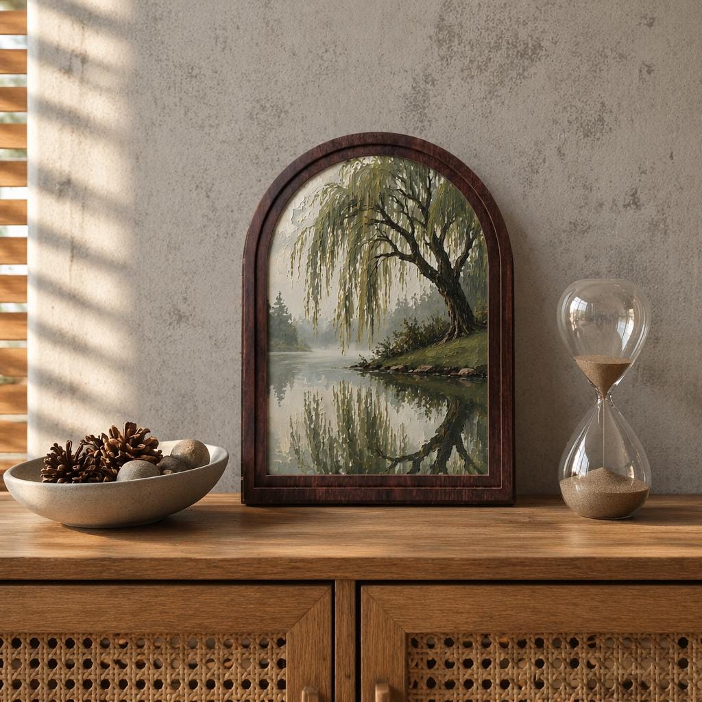 Serene Willow Tree Wall Art, Tranquil Lake Landscape Painting, Arched Wood Frame, Rustic Nature Decor, Peaceful Woodland Gift - Image 5