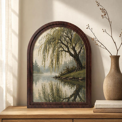 Serene Willow Tree Wall Art, Tranquil Lake Landscape Painting, Arched Wood Frame, Rustic Nature Decor, Peaceful Woodland Gift - Image 1