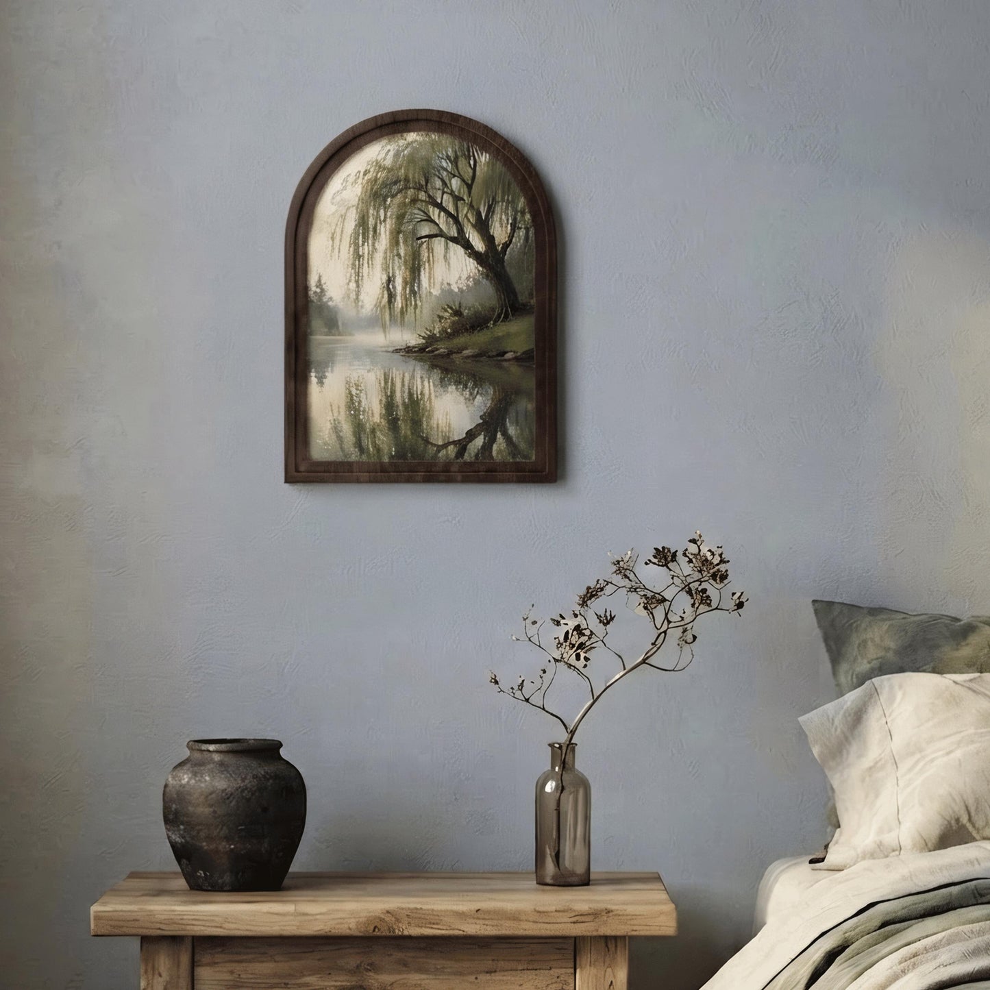 Serene Willow Tree Wall Art, Tranquil Lake Landscape Painting, Arched Wood Frame, Rustic Nature Decor, Peaceful Woodland Gift - Image 8