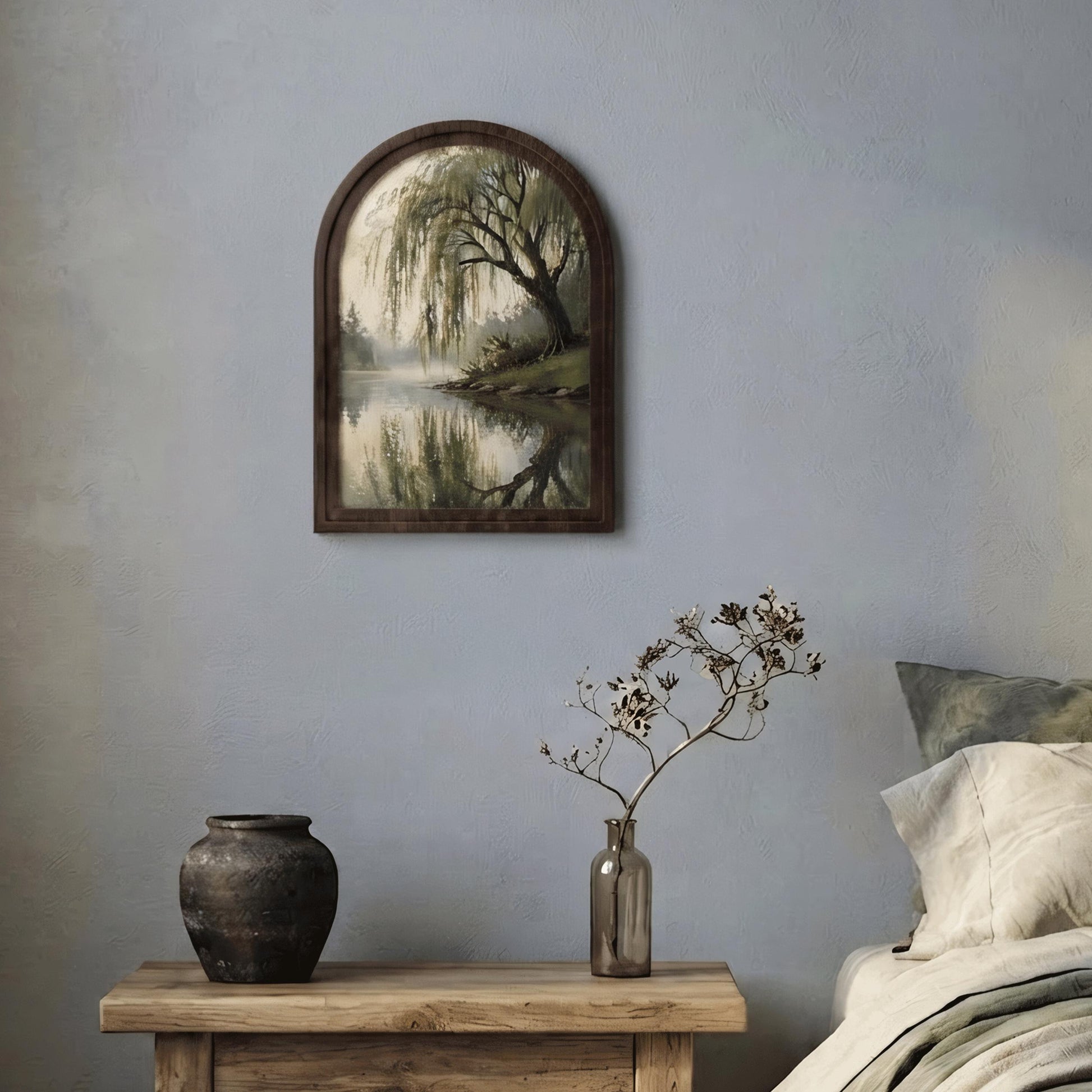 Serene Willow Tree Wall Art, Tranquil Lake Landscape Painting, Arched Wood Frame, Rustic Nature Decor, Peaceful Woodland Gift - Image 8