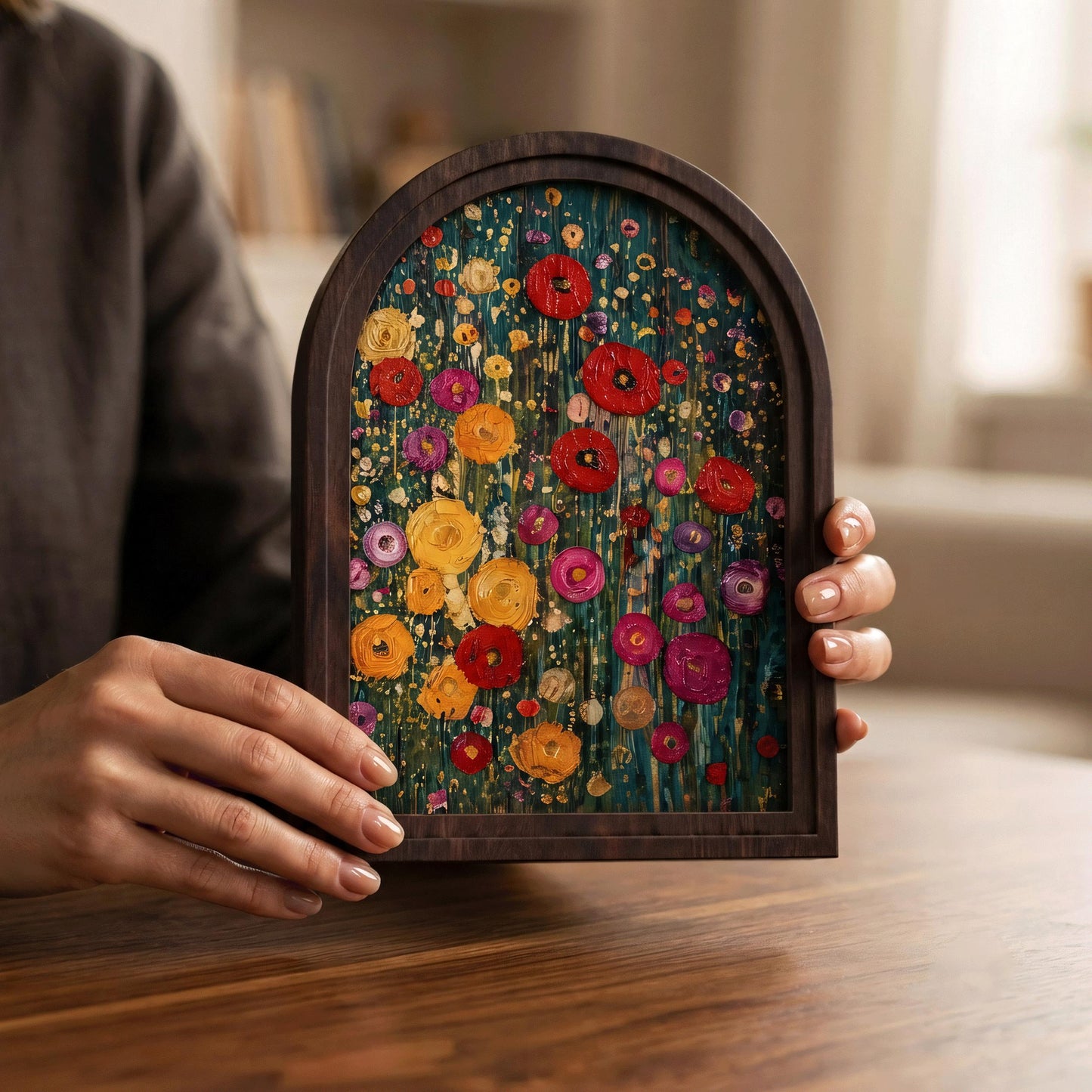 Vibrant Wildflower Meadow Wall Art, Arched Wood Frame, Floral Abstract Painting, Garden Decor, Cottagecore Home Accent, Flower Lover Gift - Image 4
