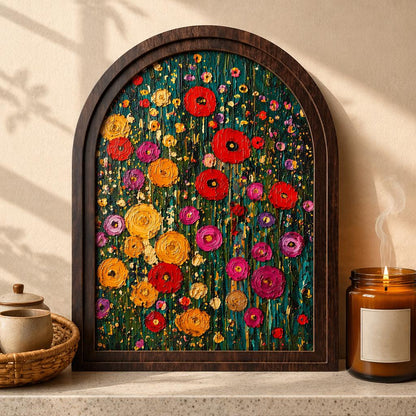 Vibrant Wildflower Meadow Wall Art, Arched Wood Frame, Floral Abstract Painting, Garden Decor, Cottagecore Home Accent, Flower Lover Gift - Image 1
