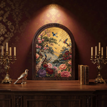 Peacock and Peony Wall Art, Textured Chinoiserie Garden Painting, Arched Wood Frame, Vintage Asian Decor, Botanical Housewarming Gift - Image 2
