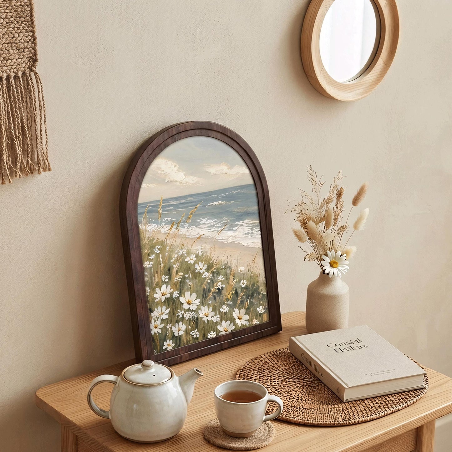 Coastal Wildflower Wall Art, Serene Beach Landscape Painting, Arched Wood Frame, Coastal Cottage Decor, Ocean Nature Gift - Image 5