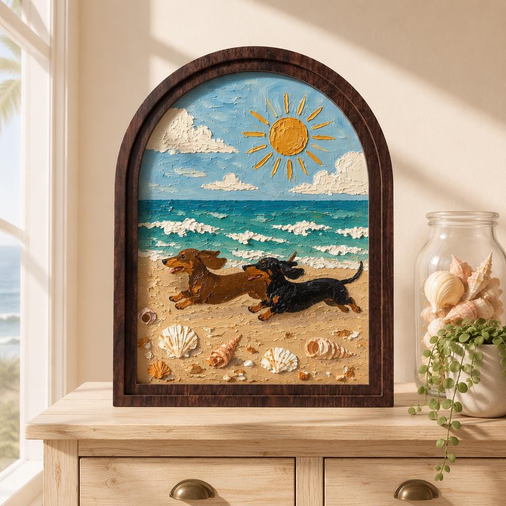 Dachshund Beach Wall Art with Arched Wood Frame, Coastal Dog Painting, Rustic Ocean Decor, Wiener Dog Beach House Wall Art - Image 1