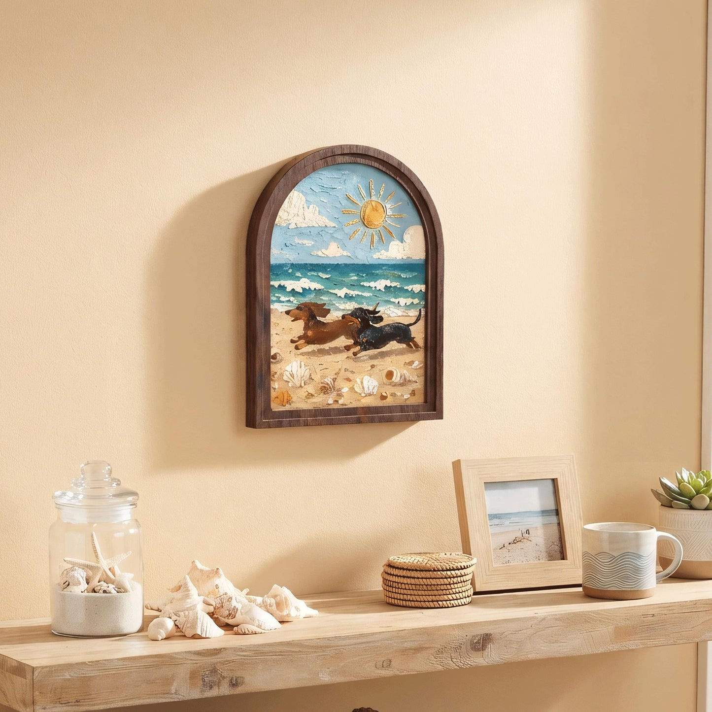 Dachshund Beach Wall Art with Arched Wood Frame, Coastal Dog Painting, Rustic Ocean Decor, Wiener Dog Beach House Wall Art - Image 4