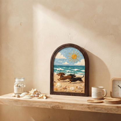 Dachshund Beach Wall Art with Arched Wood Frame, Coastal Dog Painting, Rustic Ocean Decor, Wiener Dog Beach House Wall Art - Image 5