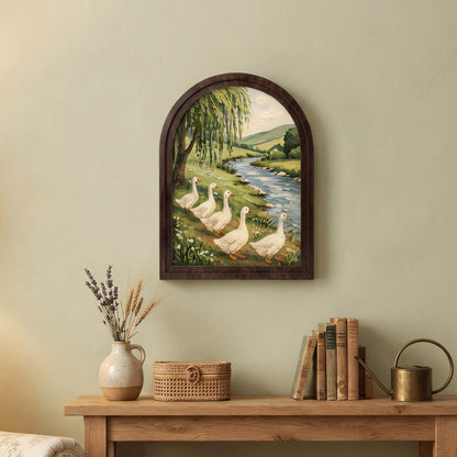 Goose River Wall Art with Arched Wood Frame, Rustic Farmhouse Goose Painting, Peaceful Country Landscape Decor, Cottage Wall Art - Image 5