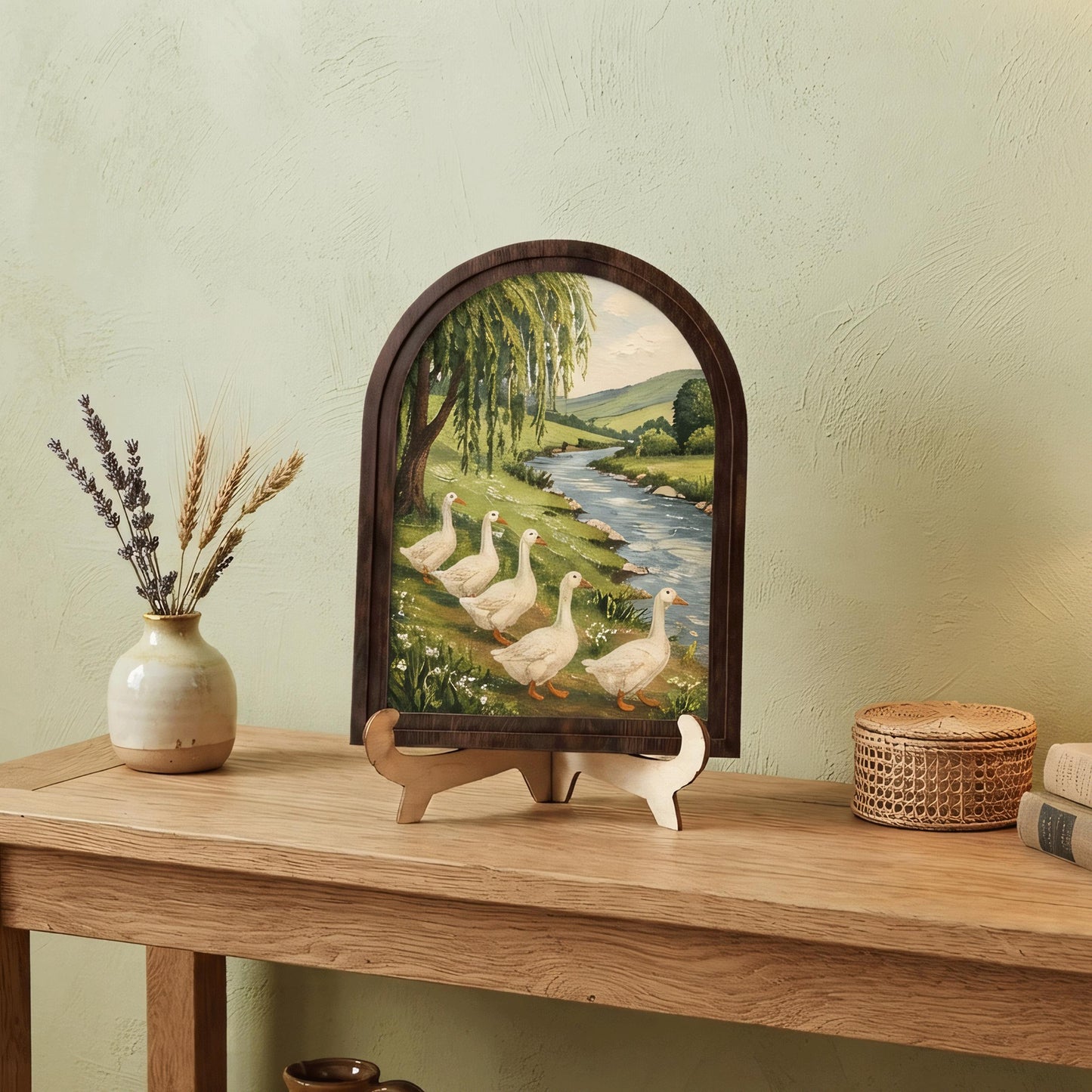 Goose River Wall Art with Arched Wood Frame, Rustic Farmhouse Goose Painting, Peaceful Country Landscape Decor, Cottage Wall Art - Image 6