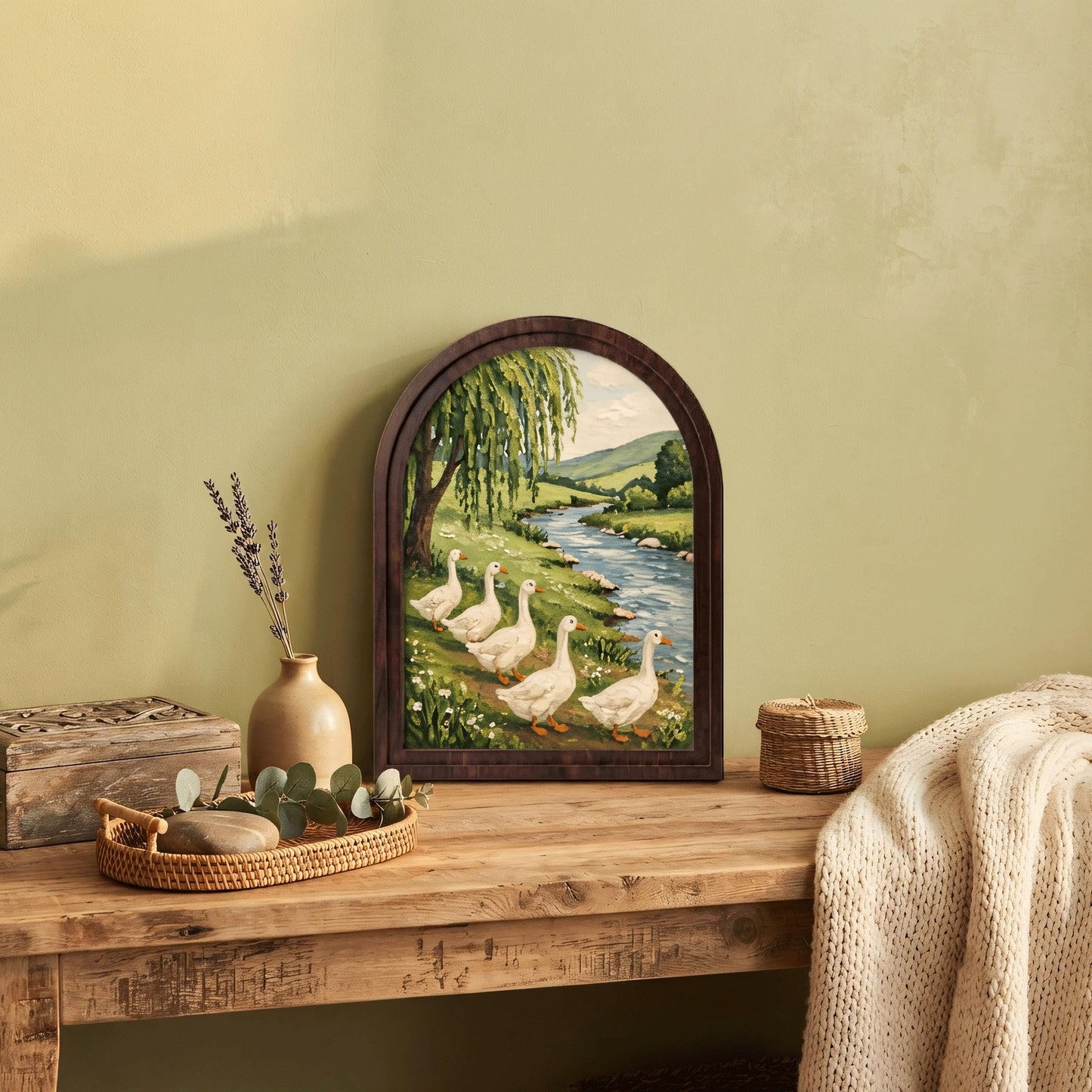 Goose River Wall Art with Arched Wood Frame, Rustic Farmhouse Goose Painting, Peaceful Country Landscape Decor, Cottage Wall Art - Image 4