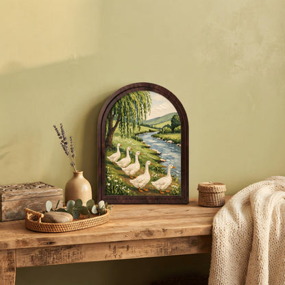 Goose River Wall Art with Arched Wood Frame, Rustic Farmhouse Goose Painting, Peaceful Country Landscape Decor, Cottage Wall Art - Image 4