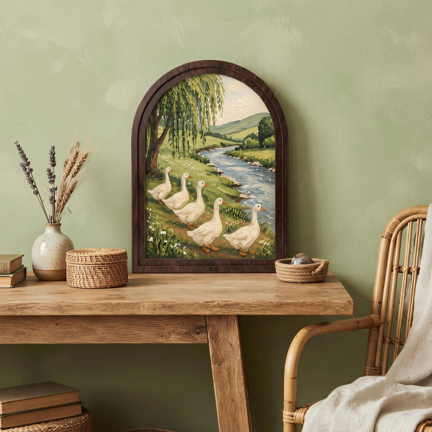 Goose River Wall Art with Arched Wood Frame, Rustic Farmhouse Goose Painting, Peaceful Country Landscape Decor, Cottage Wall Art - Image 3