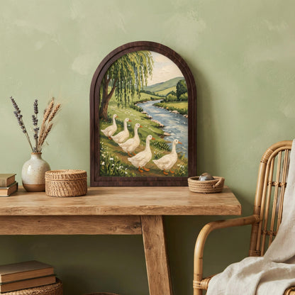 Goose River Wall Art with Arched Wood Frame, Rustic Farmhouse Goose Painting, Peaceful Country Landscape Decor, Cottage Wall Art - Image 3