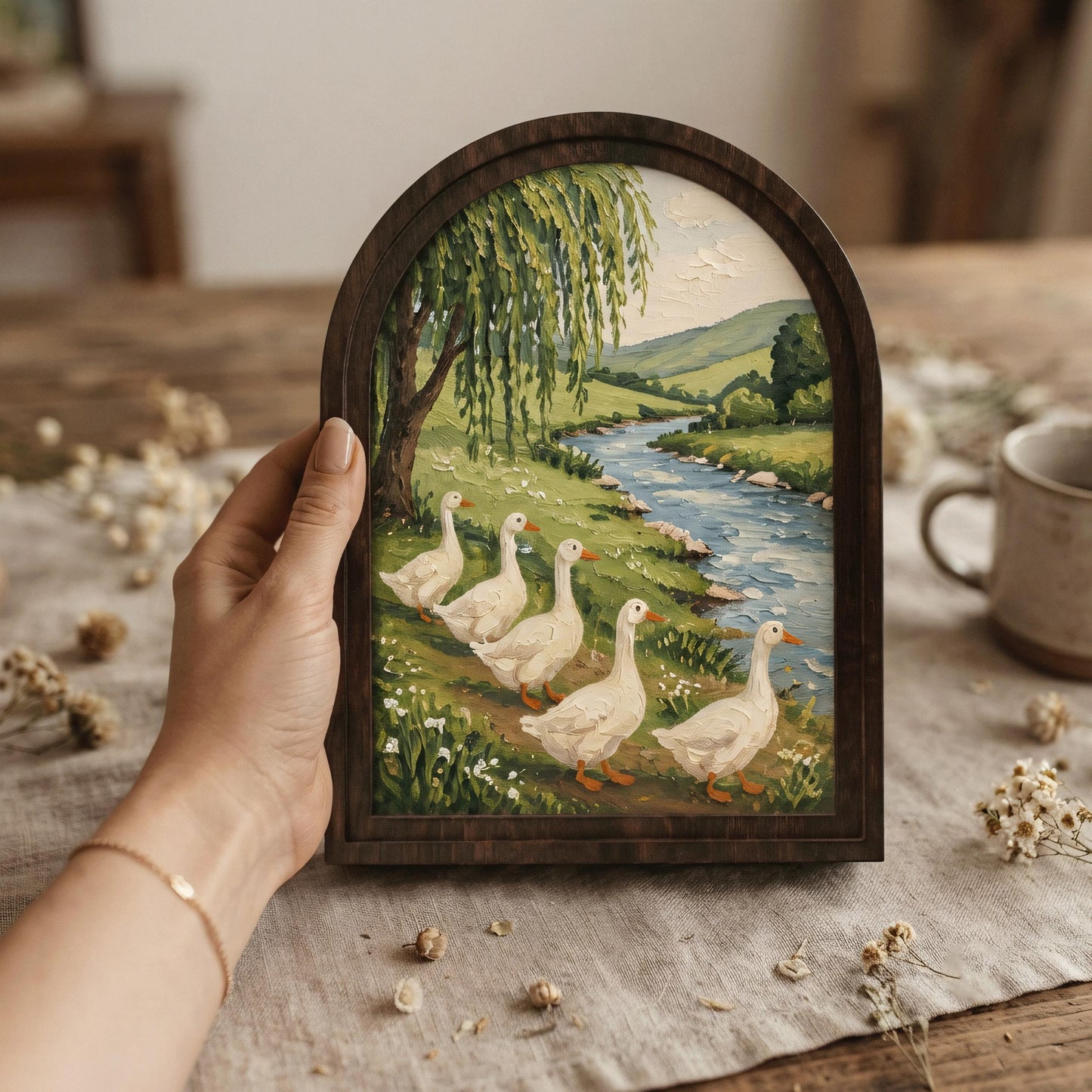 Goose River Wall Art with Arched Wood Frame, Rustic Farmhouse Goose Painting, Peaceful Country Landscape Decor, Cottage Wall Art - Image 2