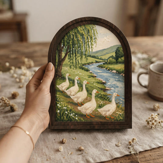 Goose River Wall Art with Arched Wood Frame, Rustic Farmhouse Goose Painting, Peaceful Country Landscape Decor, Cottage Wall Art - Image 2