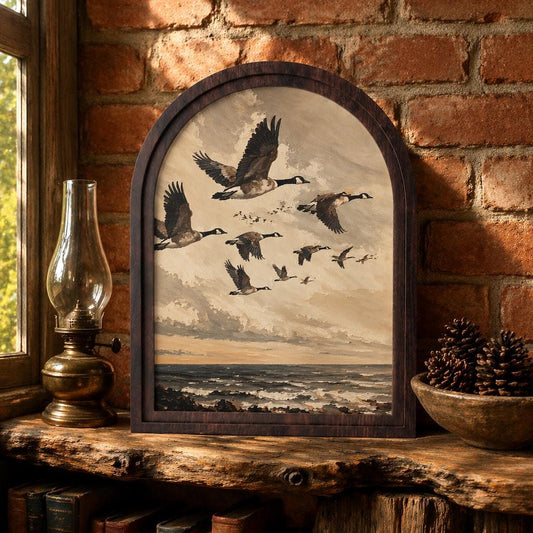 Canada Goose Wall Art, Coastal Seascape Bird Painting, Arched Wood Frame Decor, Nature Wildlife Artwork, Cabin Home Gift - Image 1