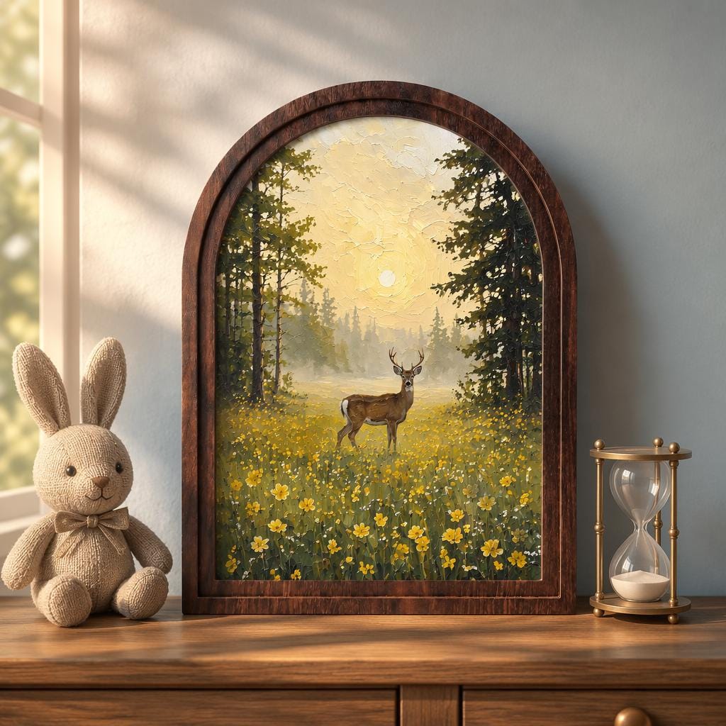 Woodland Deer Wall Art, Forest Meadow Landscape Painting, Arched Wood Frame Decor, Rustic Wildlife Artwork, Cabin Home Gift - Image 1