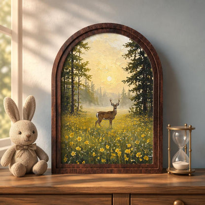 Woodland Deer Wall Art, Forest Meadow Landscape Painting, Arched Wood Frame Decor, Rustic Wildlife Artwork, Cabin Home Gift - Image 1