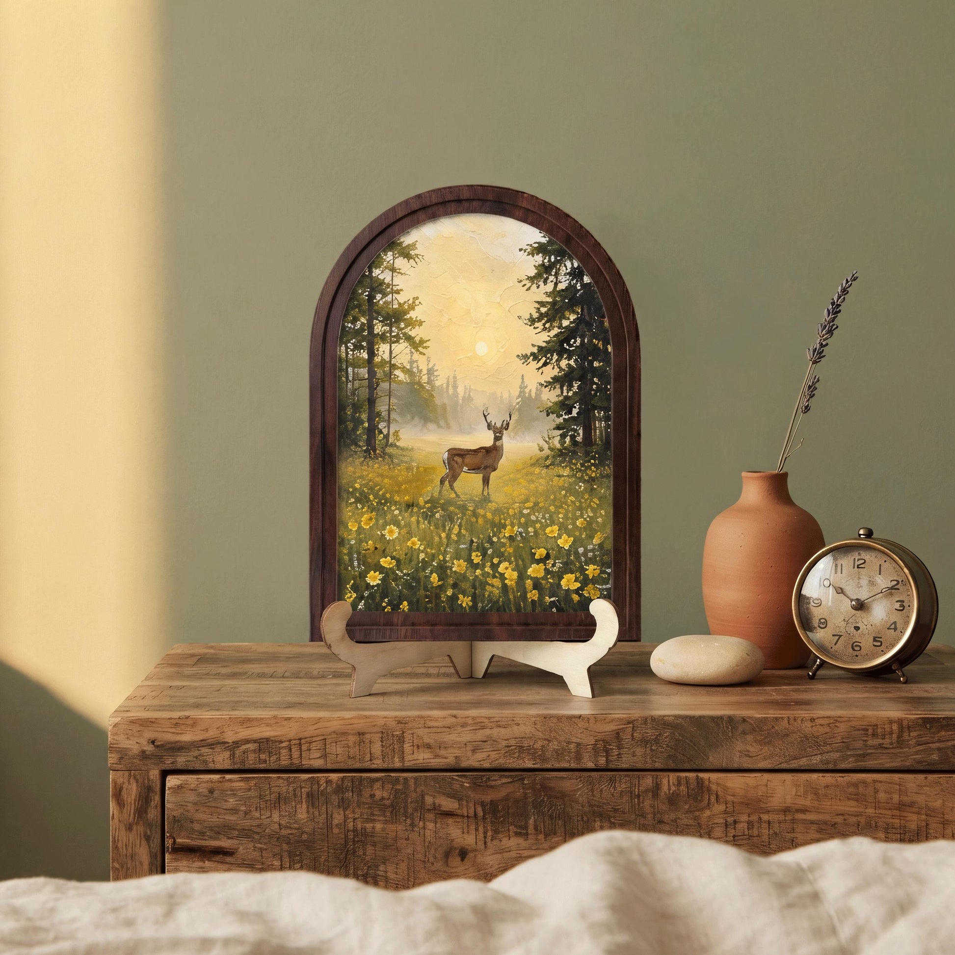 Woodland Deer Wall Art, Forest Meadow Landscape Painting, Arched Wood Frame Decor, Rustic Wildlife Artwork, Cabin Home Gift - Image 6