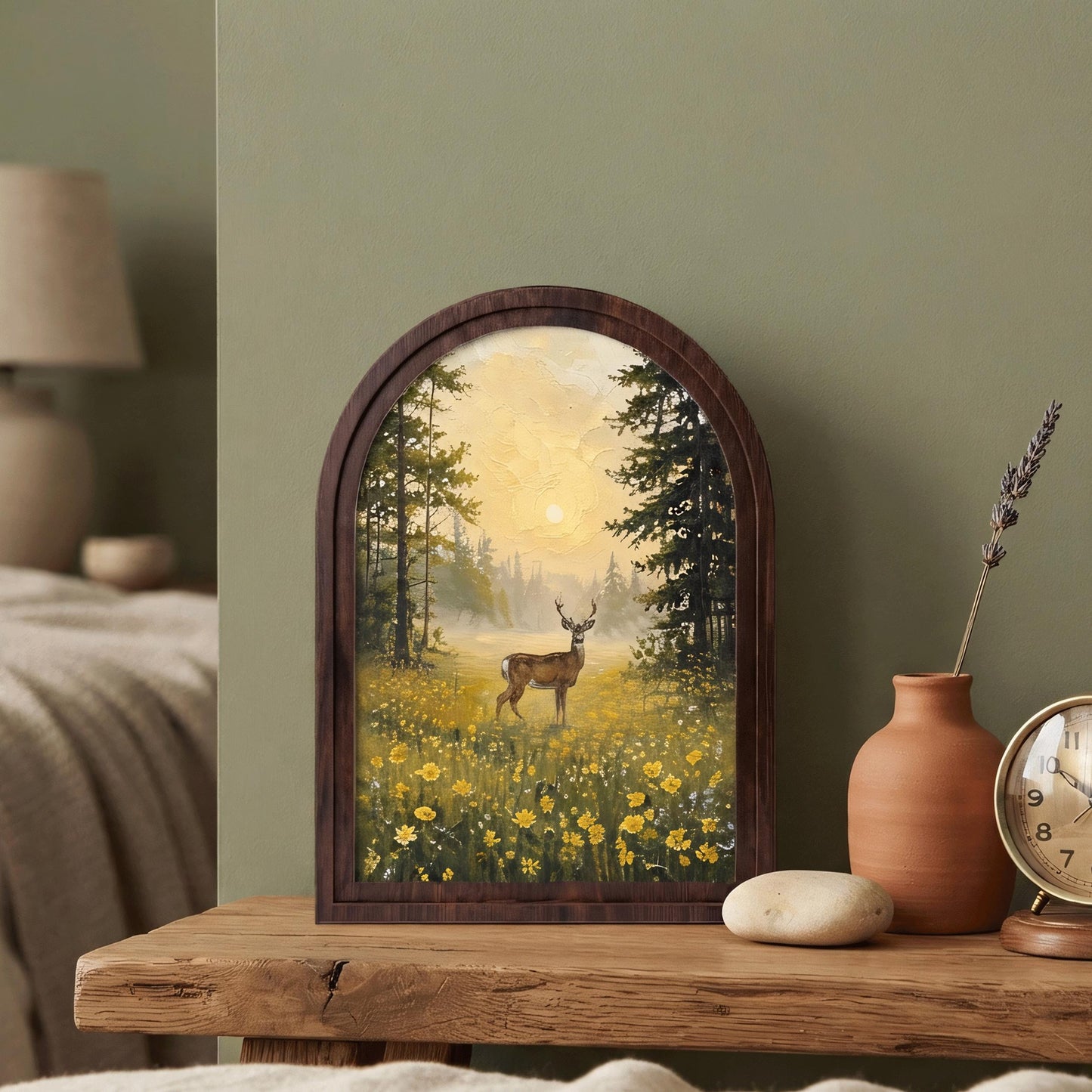Woodland Deer Wall Art, Forest Meadow Landscape Painting, Arched Wood Frame Decor, Rustic Wildlife Artwork, Cabin Home Gift - Image 2