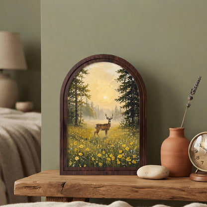 Woodland Deer Wall Art, Forest Meadow Landscape Painting, Arched Wood Frame Decor, Rustic Wildlife Artwork, Cabin Home Gift - Image 2