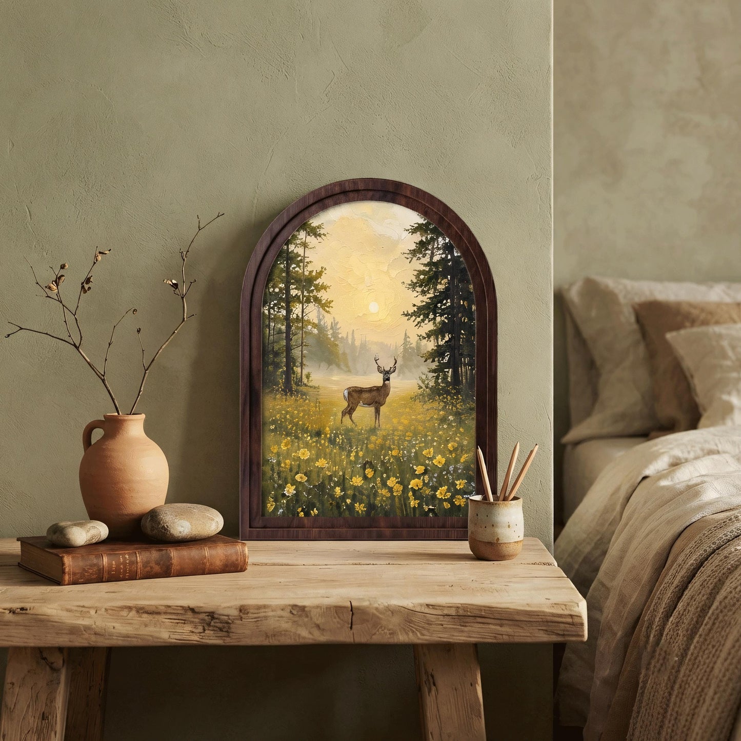 Woodland Deer Wall Art, Forest Meadow Landscape Painting, Arched Wood Frame Decor, Rustic Wildlife Artwork, Cabin Home Gift - Image 4
