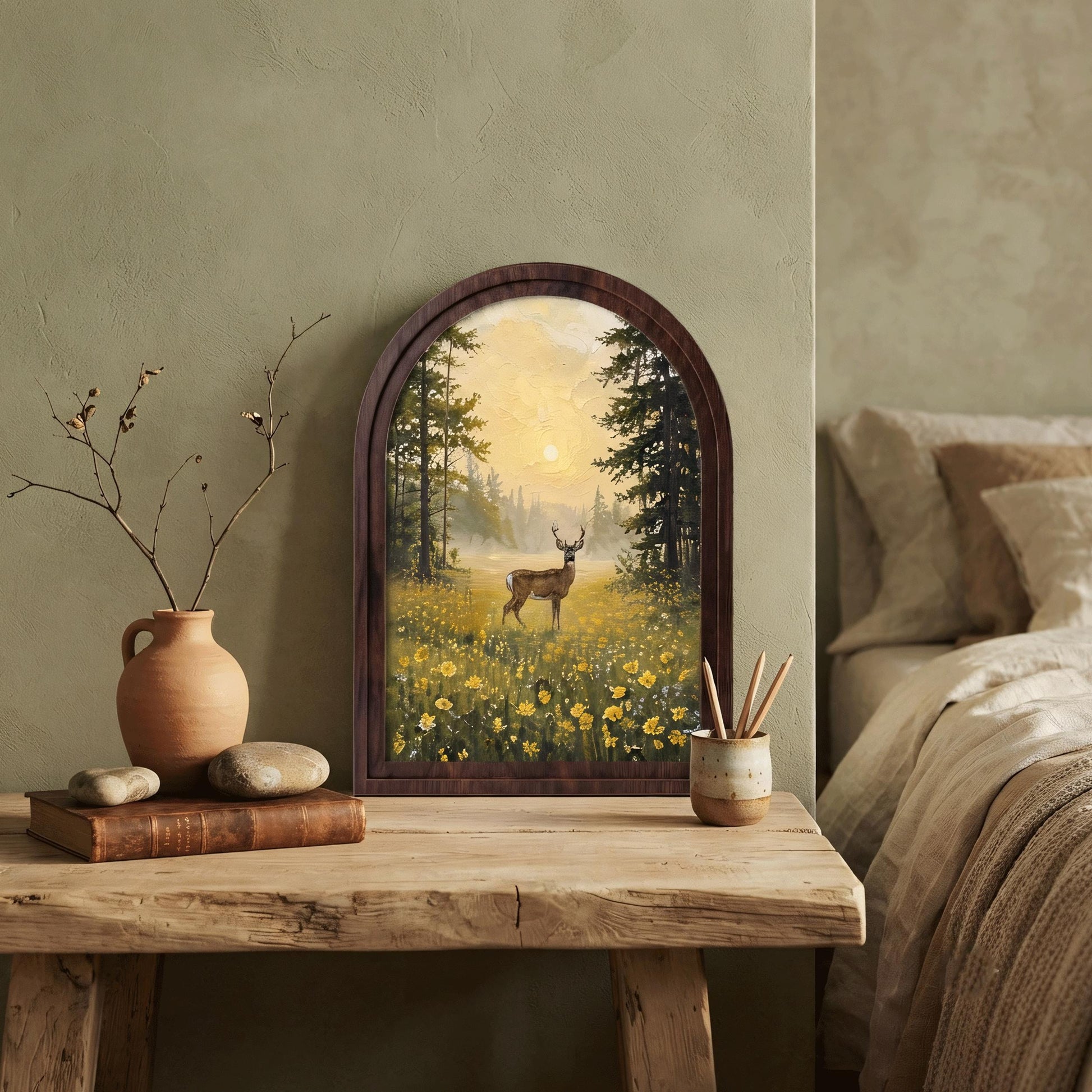 Woodland Deer Wall Art, Forest Meadow Landscape Painting, Arched Wood Frame Decor, Rustic Wildlife Artwork, Cabin Home Gift - Image 4
