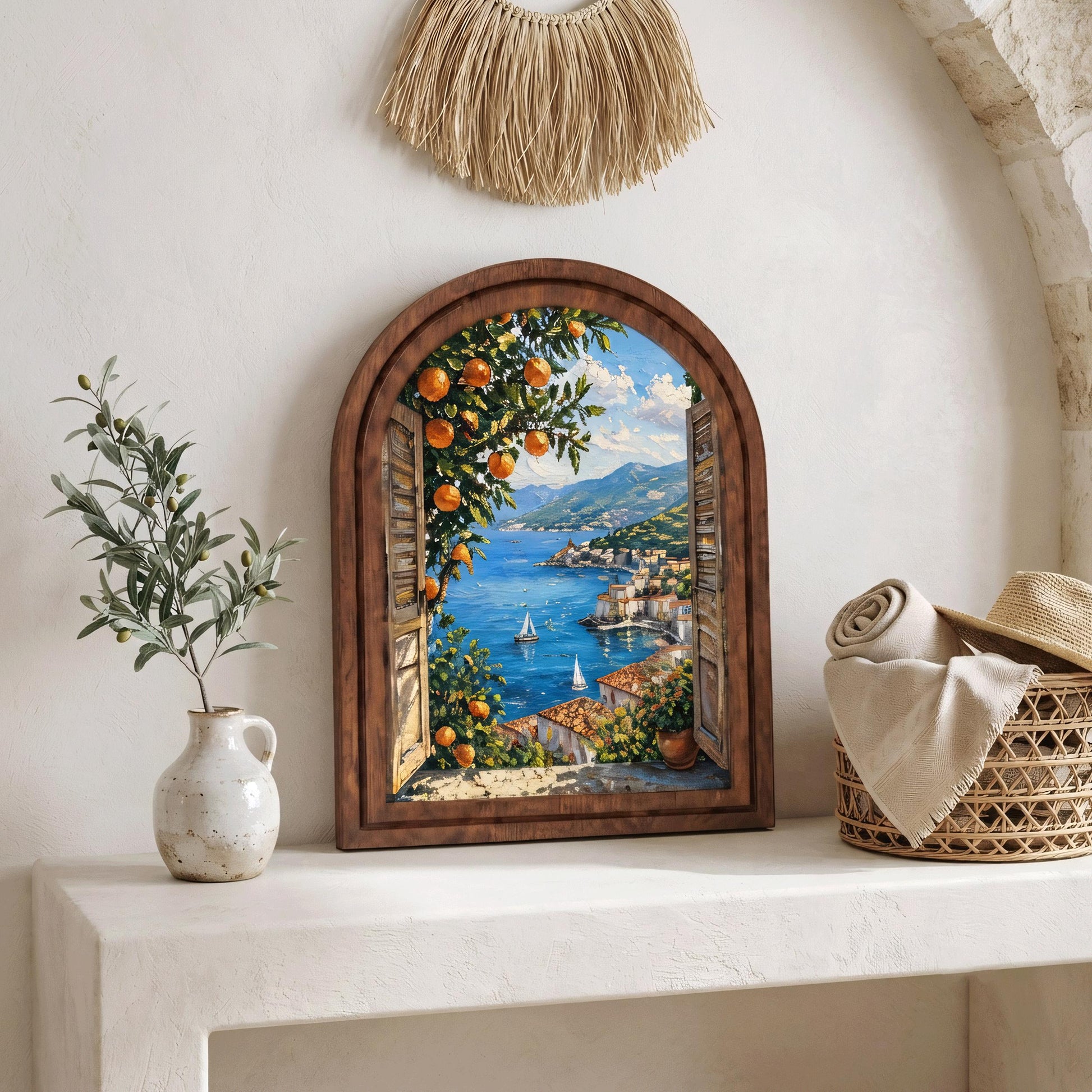 Mediterranean Coastal View Wall Art, Sunlit Seaside Village and Orange Tree, Arched Wood Frame, Italian Riviera Decor, Travel Lover Gift - Image 4