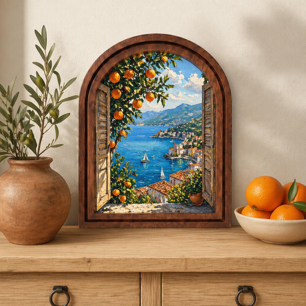 Mediterranean Coastal View Wall Art, Sunlit Seaside Village and Orange Tree, Arched Wood Frame, Italian Riviera Decor, Travel Lover Gift - Image 1